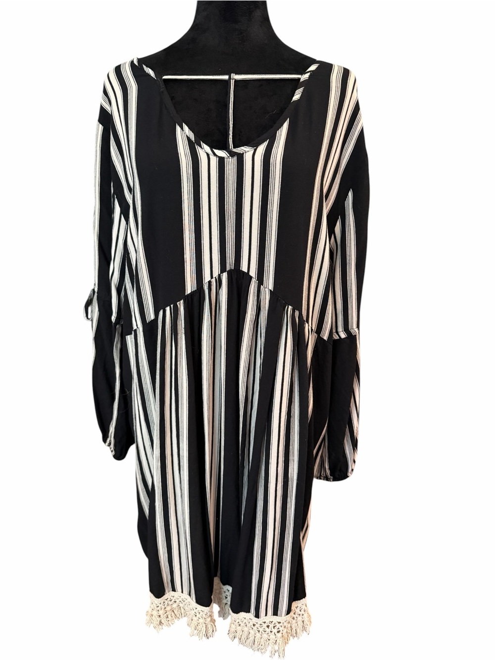 Take Two Clothing Black & White Stripe Tassel Hem Tunic Top sz 2X boho bohemian